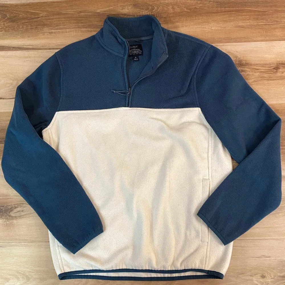 J.‎ Crew Mens Authentic Fleece Quarter Zip Pullover Colorblock Blue White Small